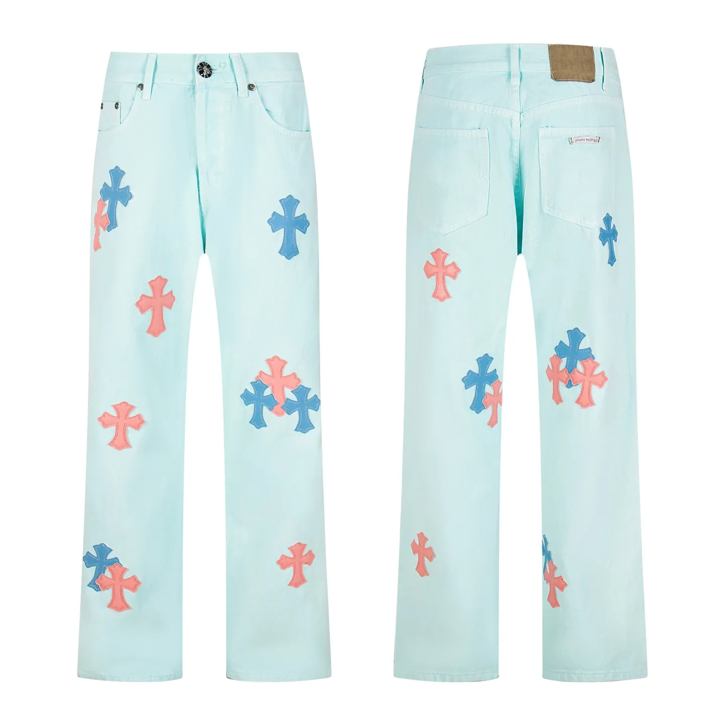 P240 (high version, running quantity) Chrome Hearts light blue blue pants, pink and blue patchwork leather couple's best friend jeans. CH jeans need to be washed and then disassembled and hand-ordered with sheepskin cross leather and then spliced ​​to complete. The whole piece has too many craftsmanship to describe. The patches are decorated with cross flowers, and the high-waisted washed jeans! ! Absolutely high-end luxury products, god-level single products and super popular products, made with top heavy industry, a must-see magic weapon. Customized hardware. The fabric is thick and soft after washing. It has good breathability. Customized small leather label. Unique design. The details are simple and elegant, and the workmanship is exquisite. The entire trousers are neatly routed and the details are in place! It’s so cool that both men and women can easily control the genderless trend! Style number: 1817# Color: Picture color Size: 28 30 32 34 36